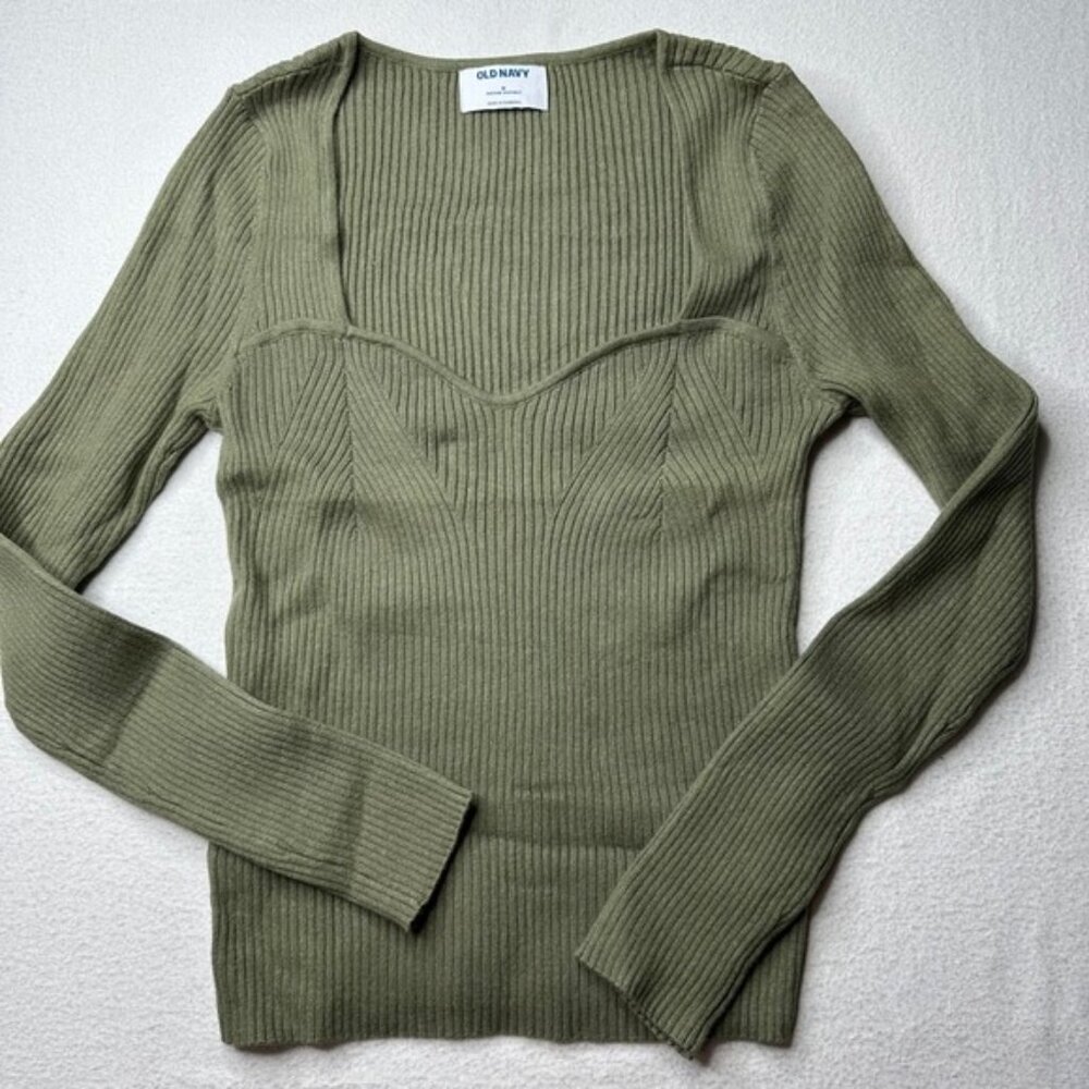 Old Navy Retro Womens Ribbed Sweetheart Neckline LS Sweater Olive Green Size M
